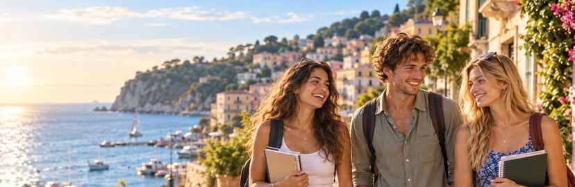 Trois étudiants souriants marchent avec leurs cahiers le long d'une promenade en bord de mer au coucher du soleil