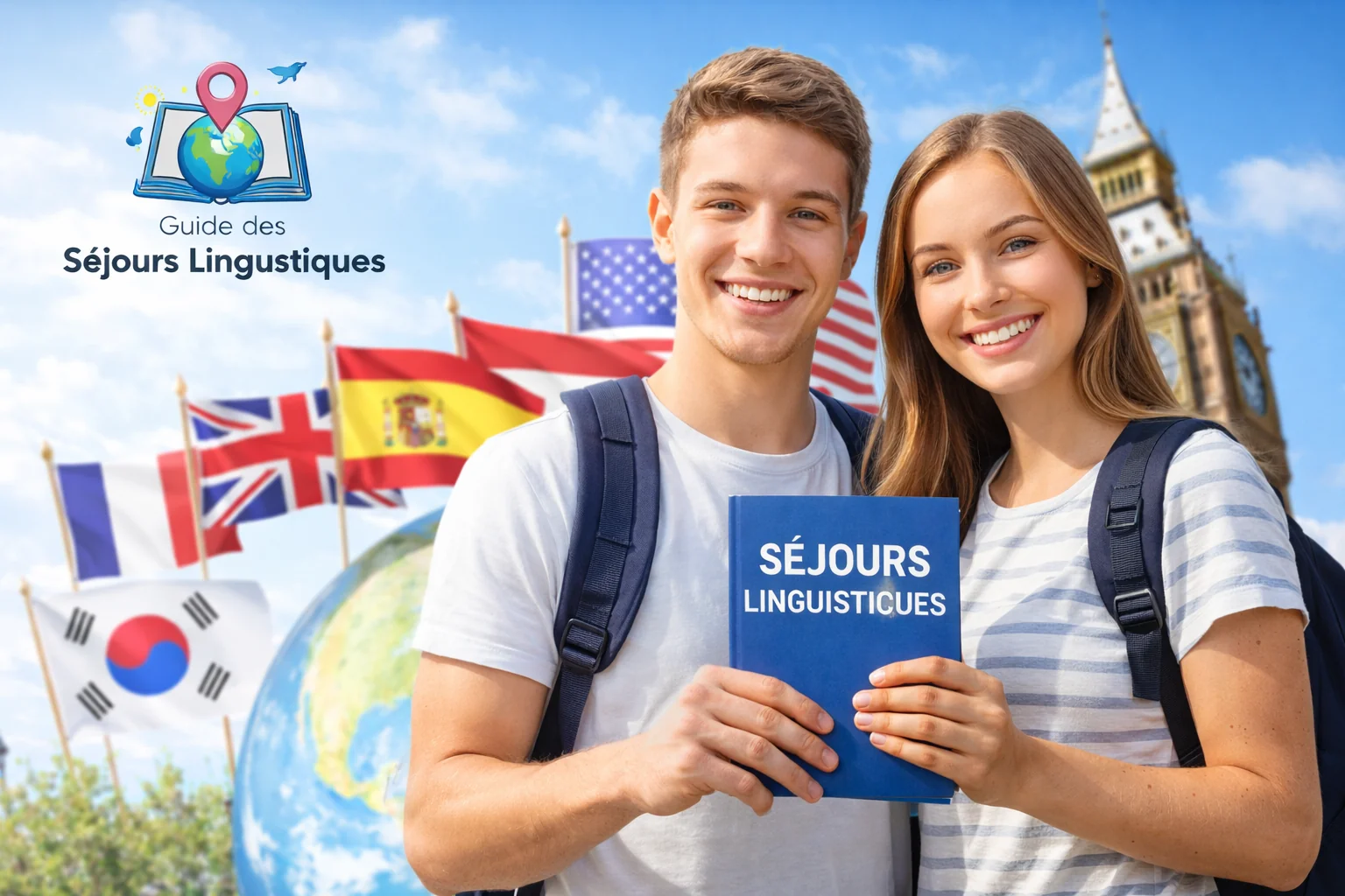 Étudiants souriants présentant le guide des séjours linguistiques pour apprendre une langue à l’étranger